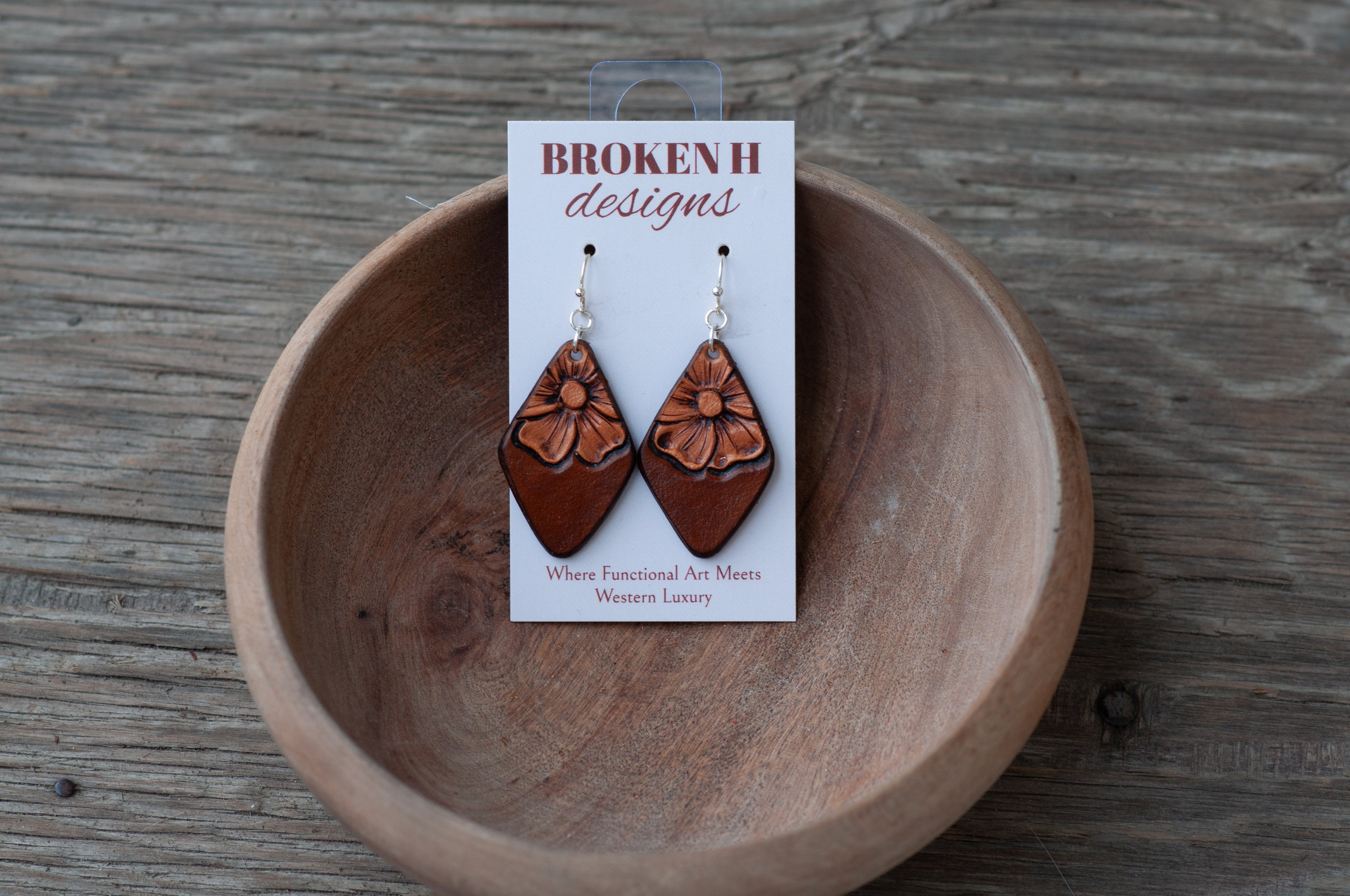 Diamond Tooled Leather Flower Earrings