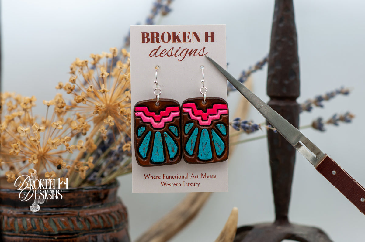 Neon Pink and Turquoise Tooled Leather Earrings