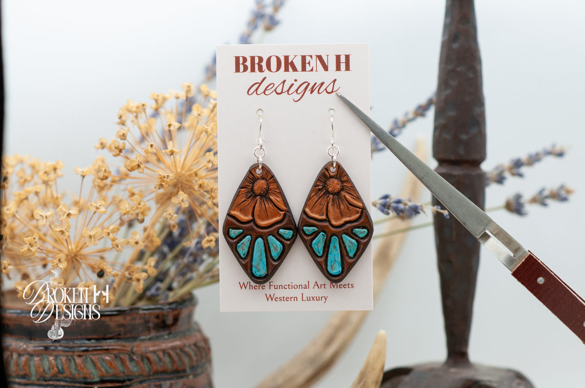 Flower and Turquoise Leather Earrings
