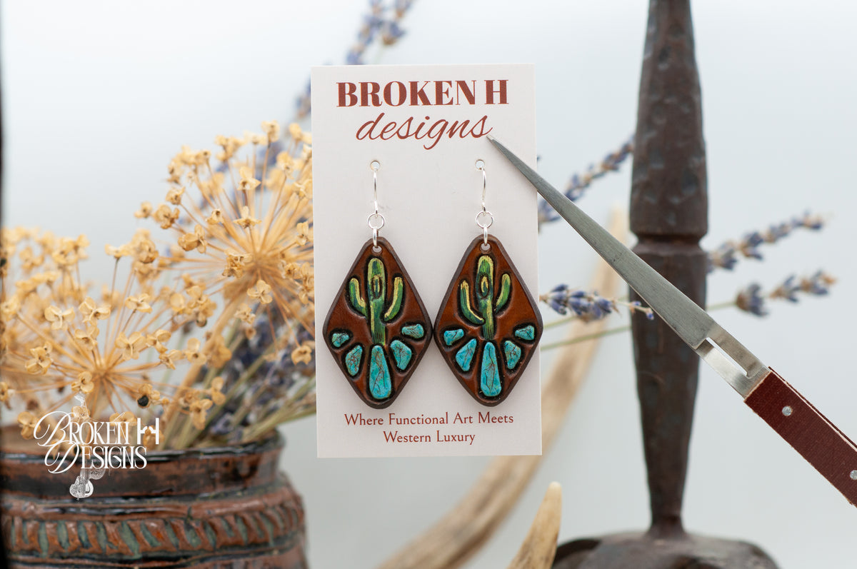 Saguaro Cactus and Turquoise Leather Earrings