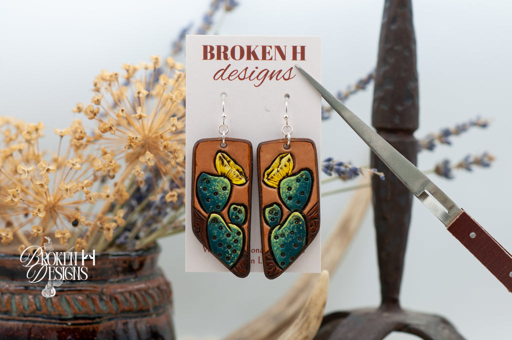 Cactus Tooled Leather Earrings